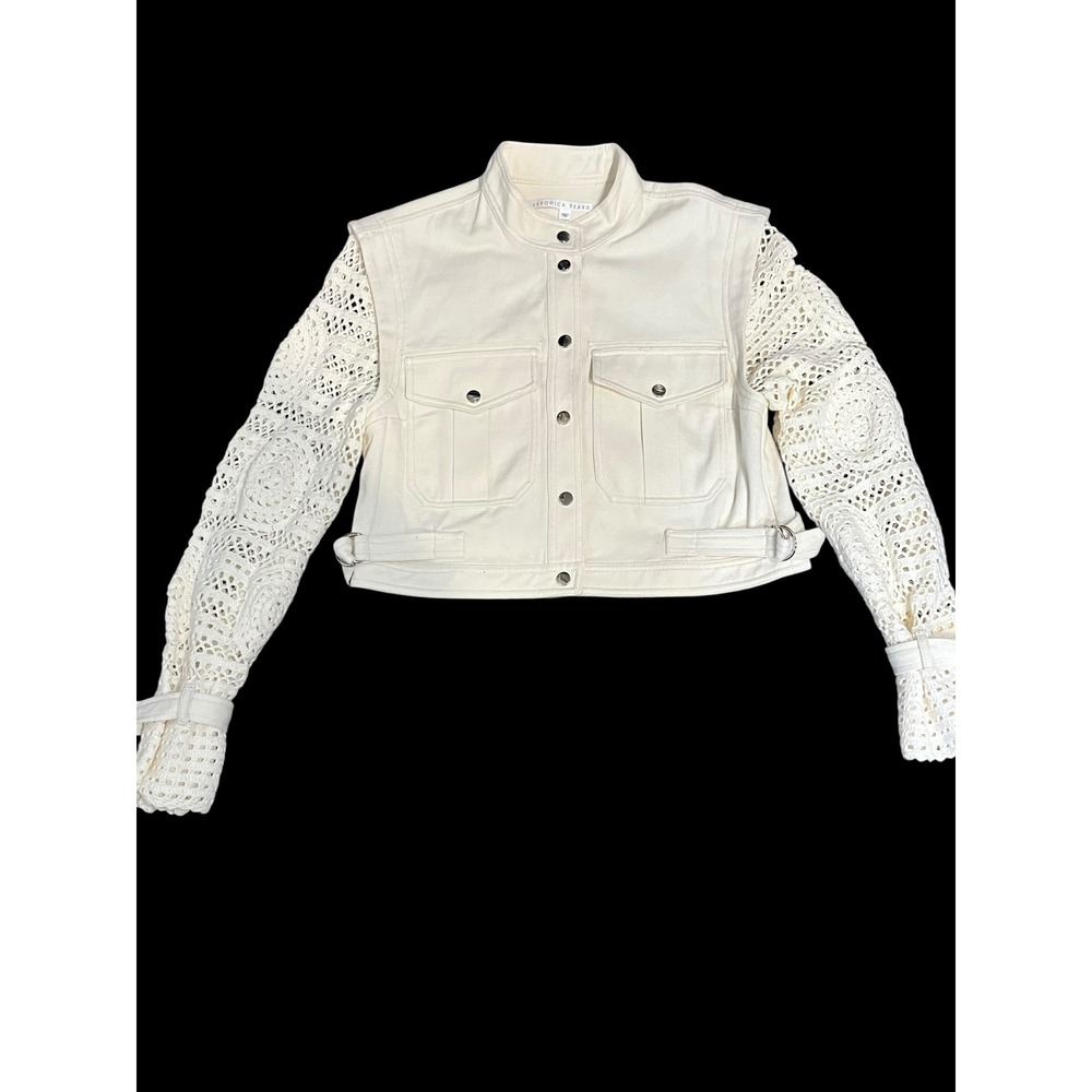 Veronica Beard Aylin Cropped Denim Jacket Crochet Lace Sleeves Buckle Cuff